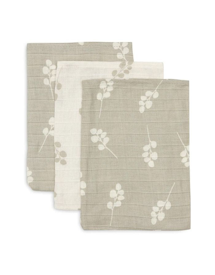 Jollein Waschlappen Musselin 3er Set „Twig“ – hydrophile Baumwoll-Waschlappen mit Zweigprint, in Olive Green oder Wild Rose, OEKO-TEX zertifiziert, weich zur Babyhaut.
