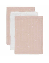 Laden Sie das Bild in den Galerie-Viewer, Jollein Waschlappen Musselin 3er Set „Twinkling“ – hydrophile Baumwoll-Waschlappen in Wild Rose mit Sternenprint, OEKO-TEX zertifiziert, weich und hautfreundlich.
