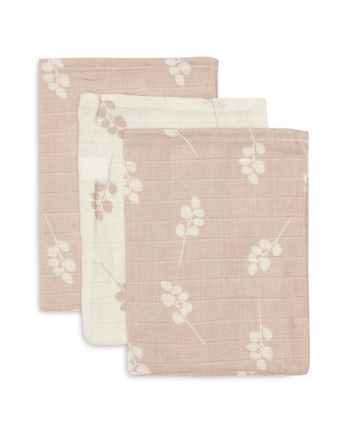 Jollein Waschlappen Musselin 3er Set „Twig“ – hydrophile Baumwoll-Waschlappen mit Zweigprint, in Olive Green oder Wild Rose, OEKO-TEX zertifiziert, weich zur Babyhaut.