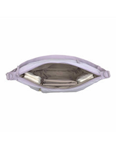 LÄSSIG Lunua Wickeltasche in Lilac – große Bum Bag mit Wickelzubehör, vegan, recycelt & pfc-frei, mit Neon-Details und Kinderwagenhaken.