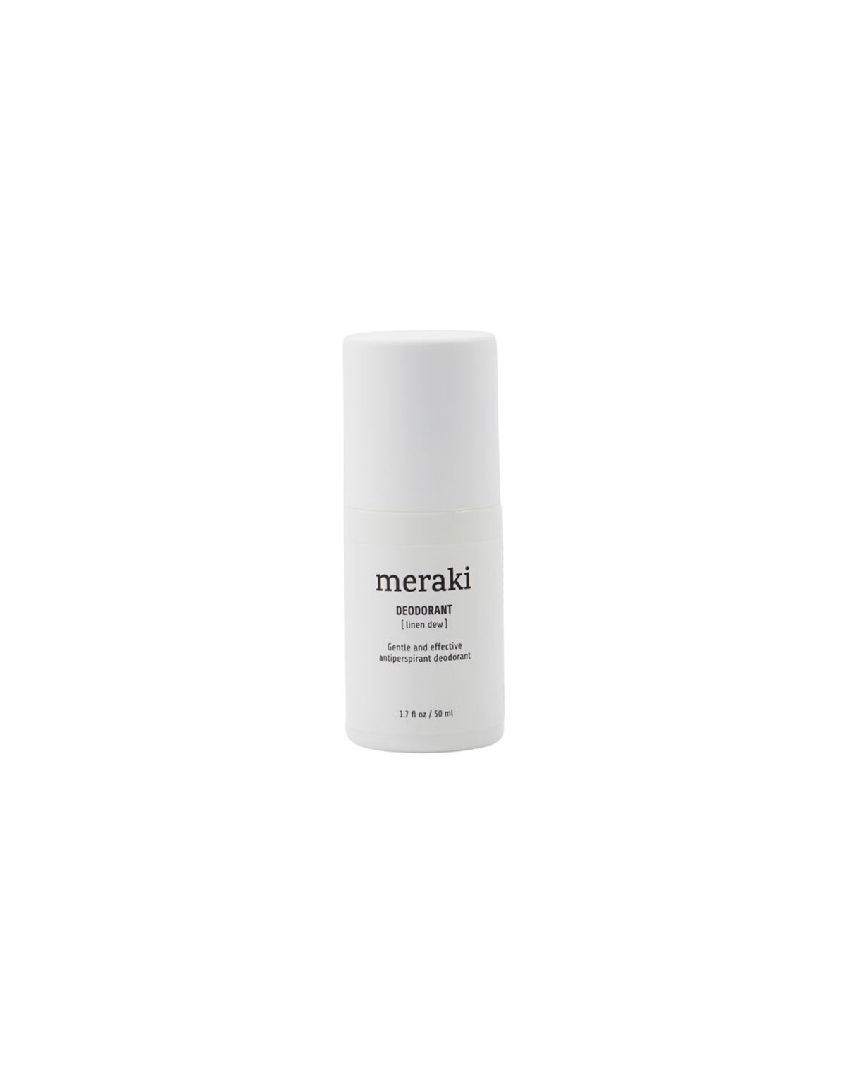 Linen Dew Roll-on-Deodorant von Meraki mit Antitranspirant-Effekt, pflegenden Bio-Pflanzenextrakten und frischem Duft nach Pfefferminze und Patchouli von vorne 