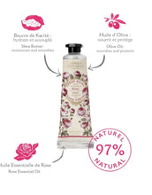 Laden Sie das Bild in den Galerie-Viewer, Handcreme Regenerierende Rose 30ml von Panier Des Sens, Mini-Handcreme mit Sheabutter, Olivenöl und ätherischem Rosenöl für weiche, hydratisierte und duftende Hände.
