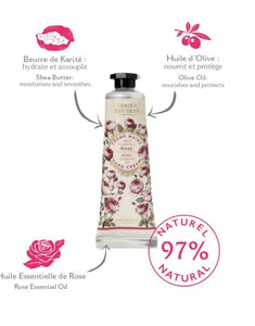 Handcreme Regenerierende Rose 30ml von Panier Des Sens, Mini-Handcreme mit Sheabutter, Olivenöl und ätherischem Rosenöl für weiche, hydratisierte und duftende Hände.