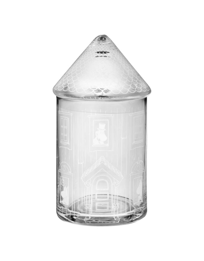 Moominhouse Glas-Aufbewahrung von Muurla – blaues rundes Muminhaus aus Glas, Ø 9 cm, Höhe 18,5 cm.