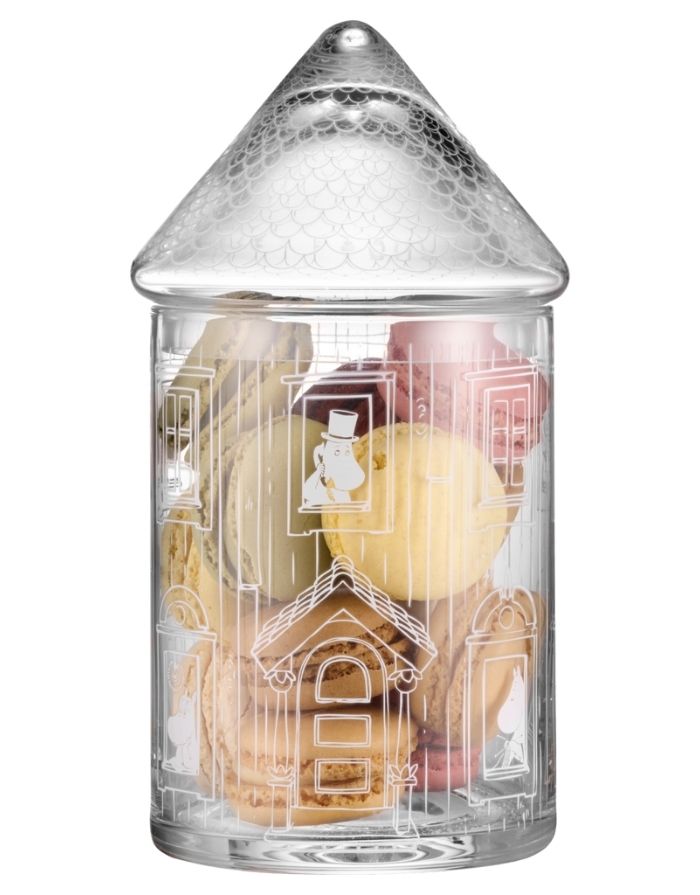 Moominhouse Glas-Aufbewahrung von Muurla – blaues rundes Muminhaus aus Glas, Ø 9 cm, Höhe 18,5 cm.