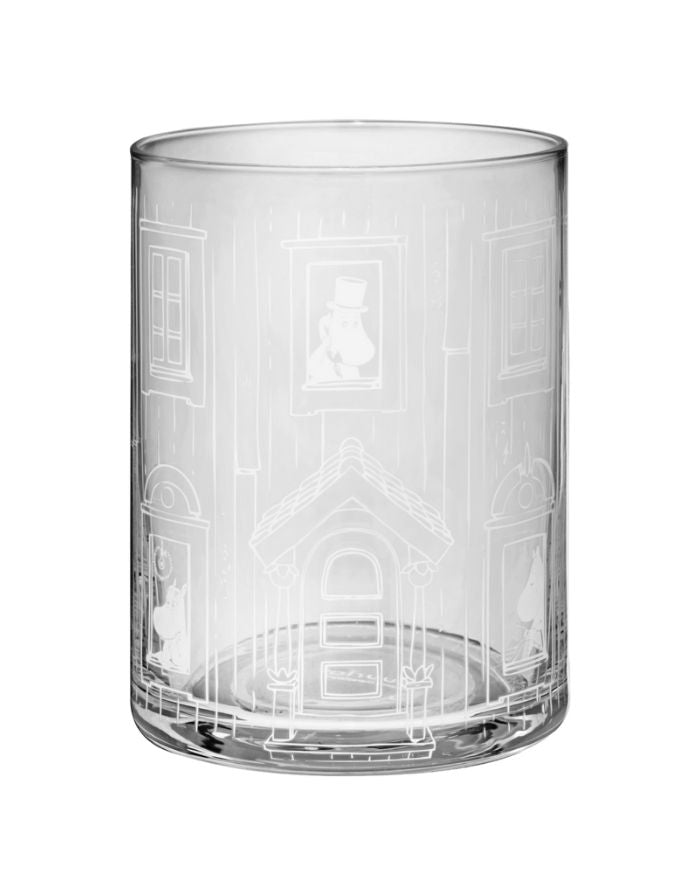 Moominhouse Glas-Aufbewahrung von Muurla – blaues rundes Muminhaus aus Glas, Ø 9 cm, Höhe 18,5 cm.