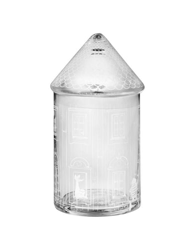 Moominhouse Glas-Aufbewahrung von Muurla – blaues rundes Muminhaus aus Glas, Ø 9 cm, Höhe 18,5 cm.