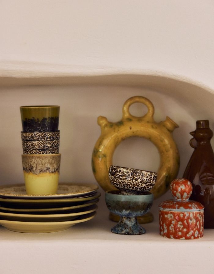 Kleine HKliving 70s Ceramics Aufbewahrungsdose XS aus mehrfarbig glasiertem Steingut mit Deckel.