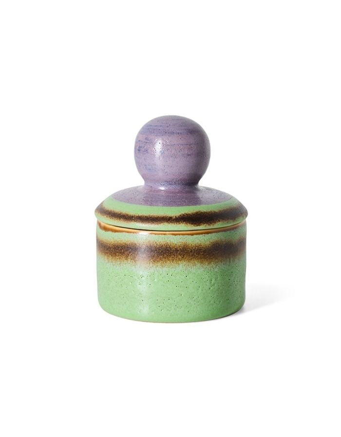 Kleine HKliving 70s Ceramics Aufbewahrungsdose XS aus mehrfarbig glasiertem Steingut mit Deckel.