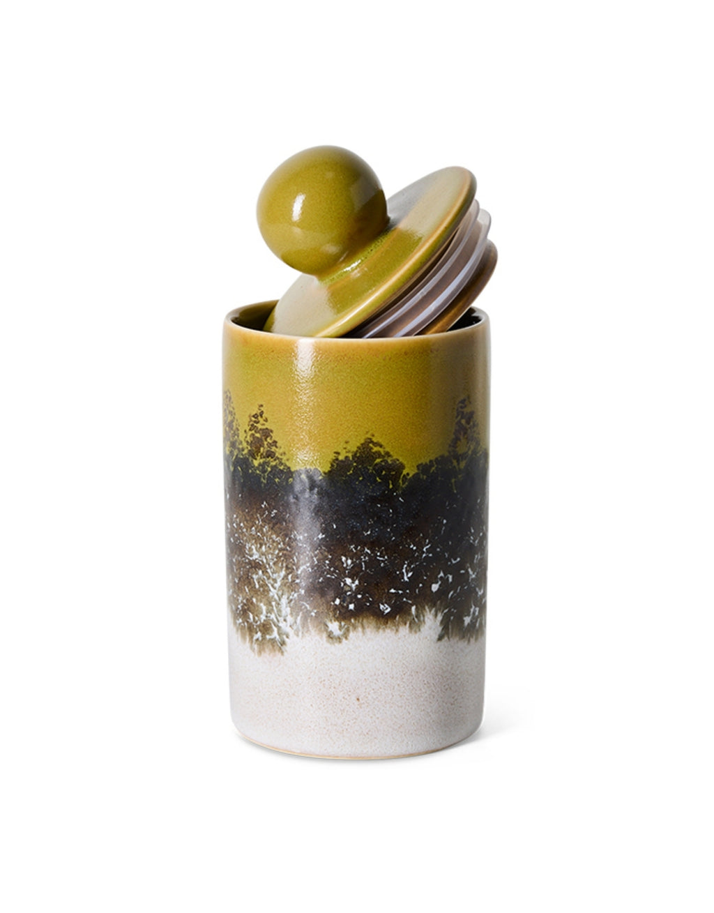 Mittelgroße Aufbewahrungsdose aus der 70s Ceramics Kollektion von HKliving aus glasiertem Steingut in Multicolour mit Deckel.