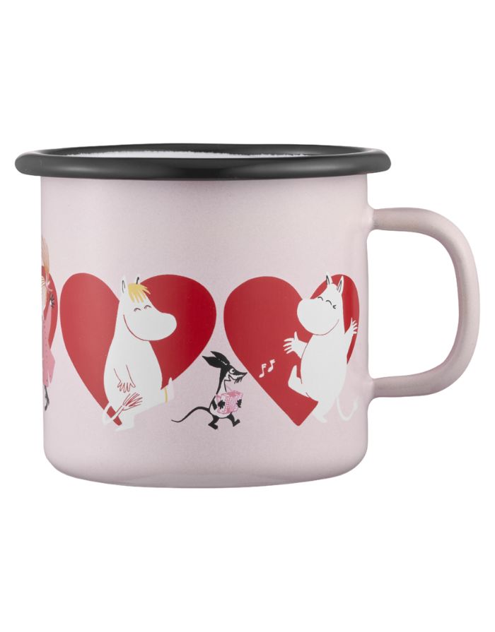 Rosa Emaillebecher Moomin Heart von Muurla, 2,5 dl, mit Herzmotiv, langlebig und leicht, spülmaschinengeeignet, nicht mikrowellengeeignet.