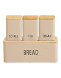 4-teiliges Tula Dosenset von House Nordic in Beige mit Bambusdetails, bestehend aus Brotkasten und drei Vorratsdosen.