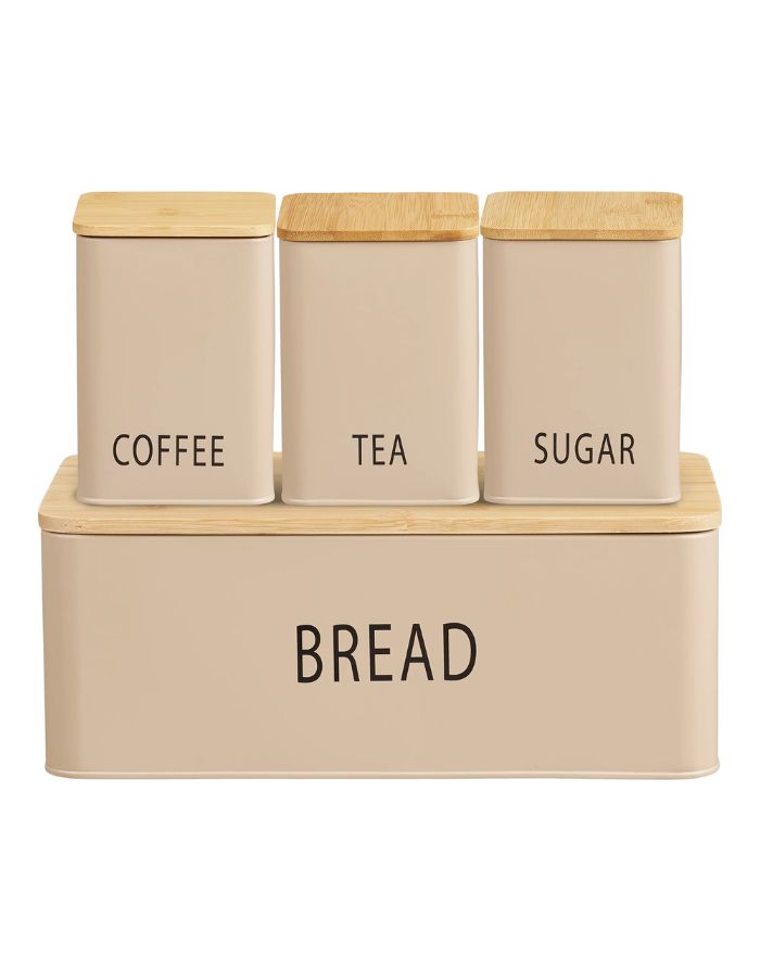 4-teiliges Tula Dosenset von House Nordic in Beige mit Bambusdetails, bestehend aus Brotkasten und drei Vorratsdosen.