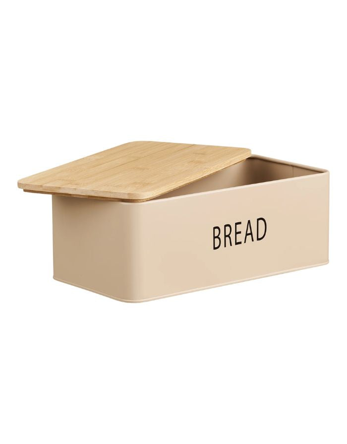 4-teiliges Tula Dosenset von House Nordic in Beige mit Bambusdetails, bestehend aus Brotkasten und drei Vorratsdosen, geöffnet.