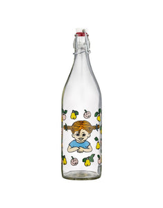 Glasflasche Pippi Langstrumpf Fruits von Muurla, 1 Liter, mit Bügelverschluss und Pippi-Motiv mit Äpfeln und Birnen, spülmaschinenfest