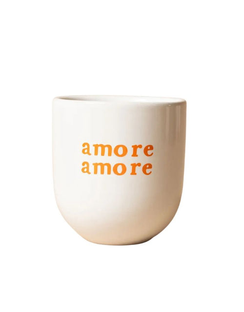 Becher ohne Henkel Creme mit Text Orange Amore Amore