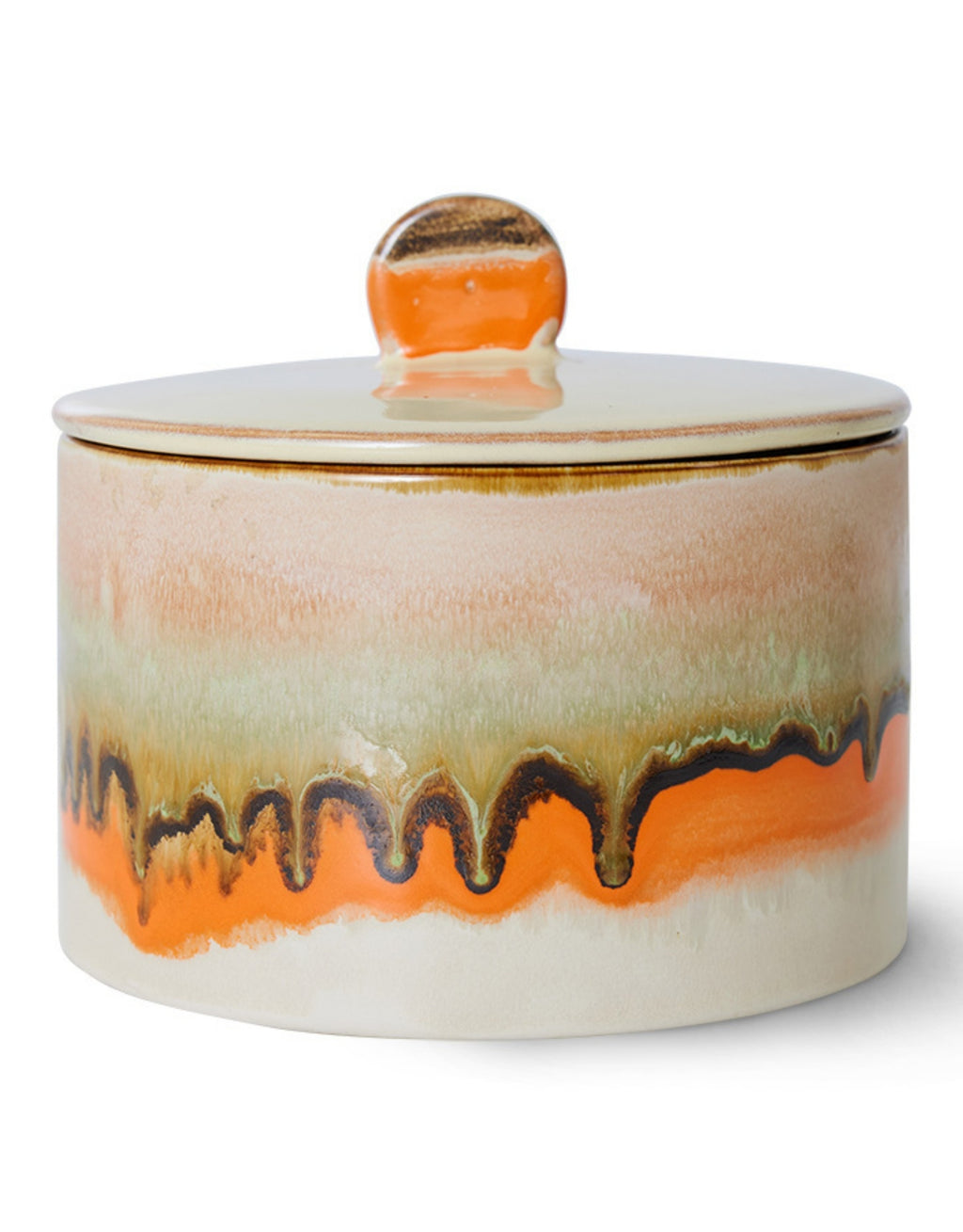 Bunte Keksdose Burst von HKliving aus der 70s Ceramics Kollektion mit charakteristischer Retro-Glasur aus Steingut, 17 cm Durchmesser und 14 cm Höhe als Freisteller von vorne