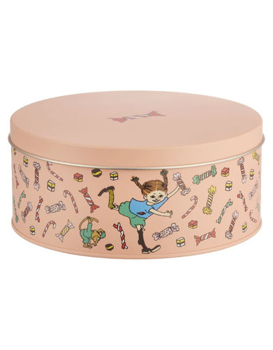 Runde Metalldose Pippi Langstrumpf Candy von Muurla, Ø 15 cm, farbenfrohes Pippi-Motiv, ideal zur Aufbewahrung von Süßigkeiten, Handwäsche empfohlen.