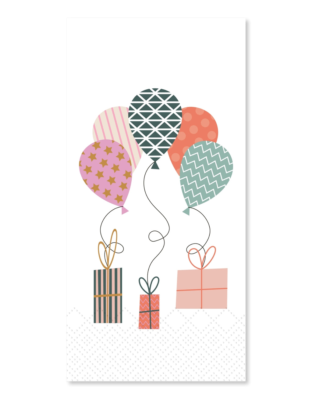 Weiße Papierservietten mit bunten Ballons und Geschenken von Chic Antique im Format 40 × 40 cm, 16 Stück pro Packung.