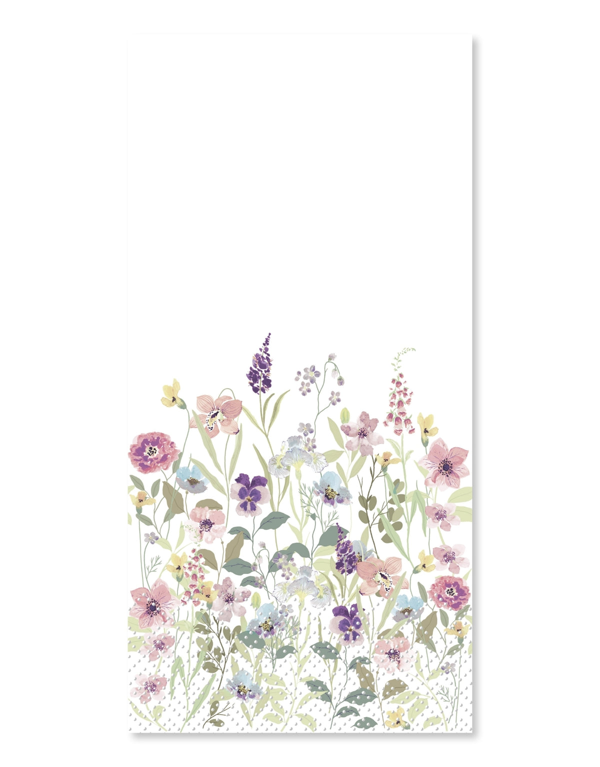 Weiße Papierservietten mit buntem Wiesenblumenmotiv von Chic Antique im Format 40 × 40 cm, 16 Stück pro Packung.