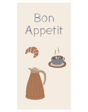 Laden Sie das Bild in den Galerie-Viewer, Papierservietten von Ib Laursen mit Aufschrift Bon Appetit und Bild von Kaffeekanne, Croissant und Kaffeebecher
