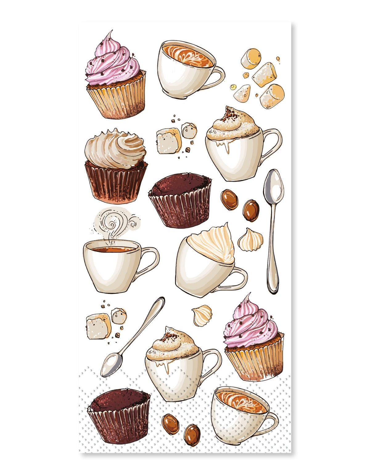 Weiße Papierservietten mit liebevollen Kuchenmotiven von Chic Antique im Format 40 × 40 cm, 16 Stück pro Packung.
