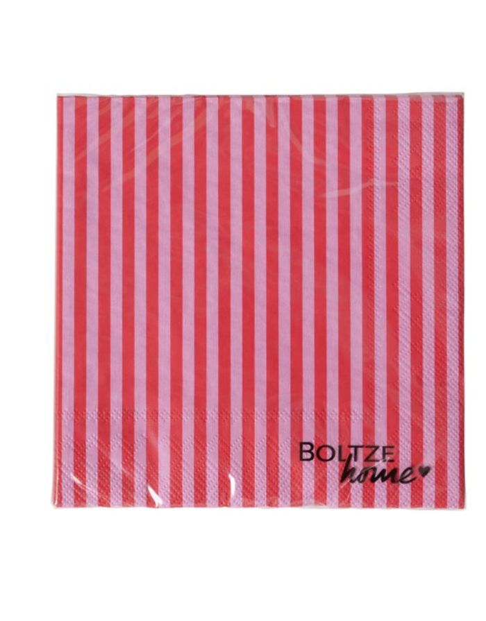 Servietten Ladina von BOLTZE im 20er-Set mit gepunkteten und gestreiften Designs in Rosa, Rot und weiteren Farbtönen.