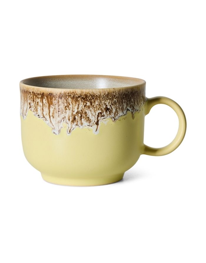 Großer HKliving 70s Ceramics Teebecher aus mehrfarbig glasiertem Steingut mit Henkel und 425 ml Fassungsvermögen.