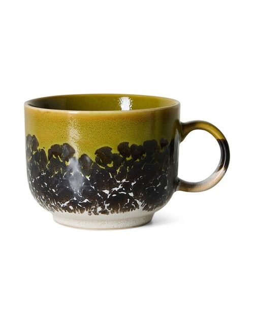 Großer HKliving 70s Ceramics Teebecher aus mehrfarbig glasiertem Steingut mit Henkel und 425 ml Fassungsvermögen.