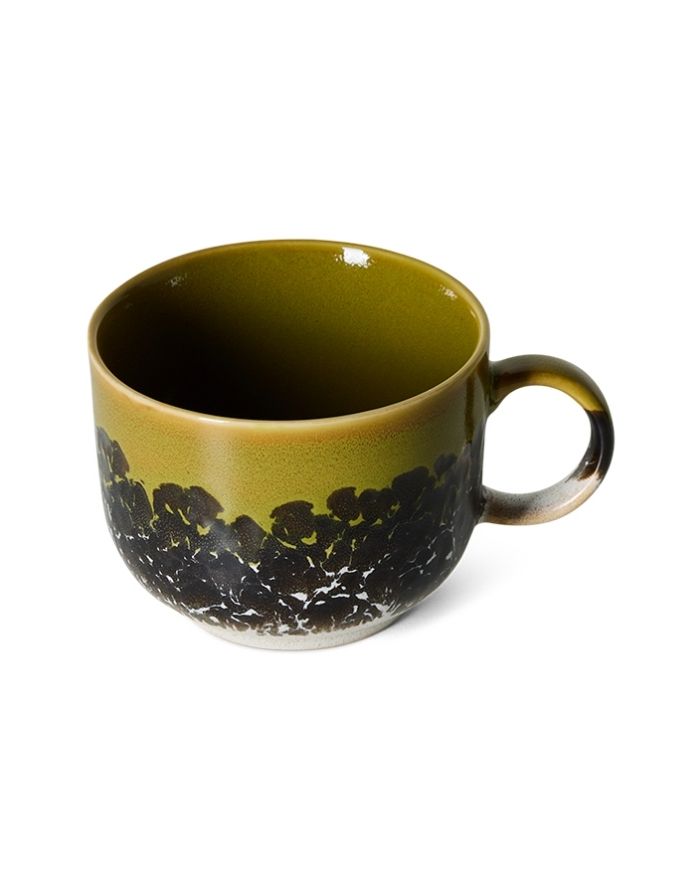 Großer HKliving 70s Ceramics Teebecher aus mehrfarbig glasiertem Steingut mit Henkel und 425 ml Fassungsvermögen.