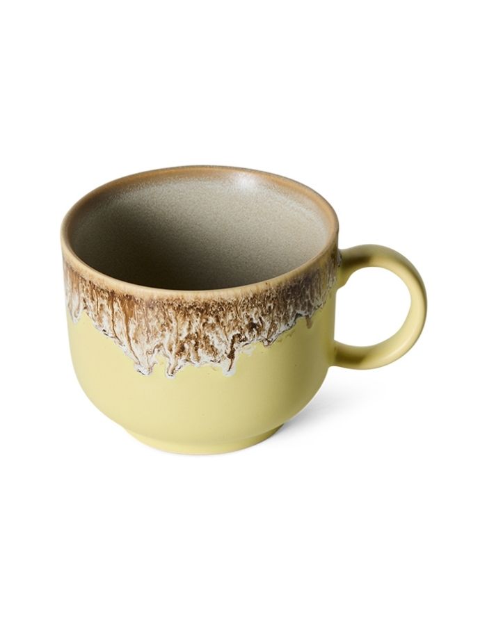 Großer HKliving 70s Ceramics Teebecher aus mehrfarbig glasiertem Steingut mit Henkel und 425 ml Fassungsvermögen.