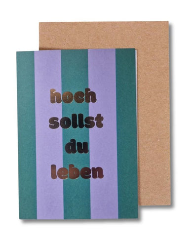 Ava und Yves Klappkarte Hoch sollst du leben – DIN A6 Recyclingpapier mit Umschlag, Design Flieder/Grün, hergestellt in Deutschland.