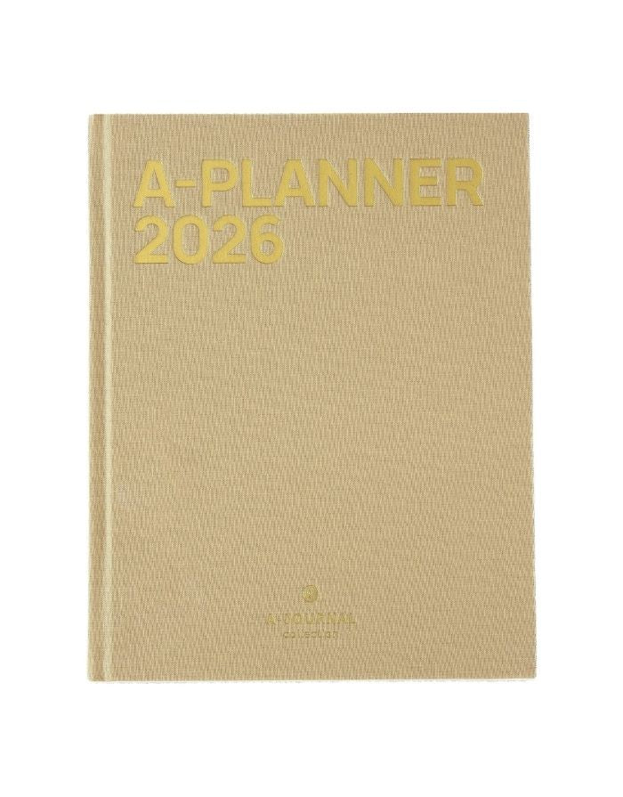 Planer 2026 Leinen Beige von A-Journal – eleganter Jahresplaner mit Leineneinband, handgemalten Monatsillustrationen, Wochen- und Monatsübersichten, Checklisten, Lesebändchen und viel Platz für Notizen.
