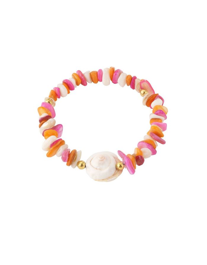 Armband mit orangefarbenen Muscheln und einem auffälligen Muscheldetail.
Sommerlicher Schmuckmix aus Stein, Muschel und Edelstahl.