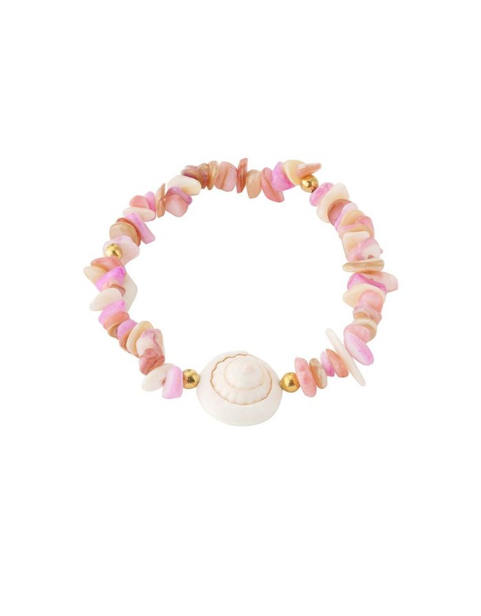 Armband mit rosafarbenen Muscheln und einem auffälligen Muschel-Highlight.
Sommerlicher Schmuckmix aus Stein, Muschel und Edelstahl.