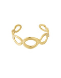 Goldfarbener Armreif im Retro-Stil mit offenen, kreisförmigen Elementen.
Aus 14K-vergoldetem, wasserfestem Edelstahl.