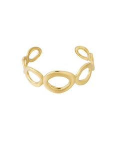Goldfarbener Armreif im Retro-Stil mit offenen, kreisförmigen Elementen.
Aus 14K-vergoldetem, wasserfestem Edelstahl.