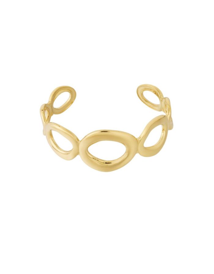 Goldfarbener Armreif im Retro-Stil mit offenen, kreisförmigen Elementen.
Aus 14K-vergoldetem, wasserfestem Edelstahl.