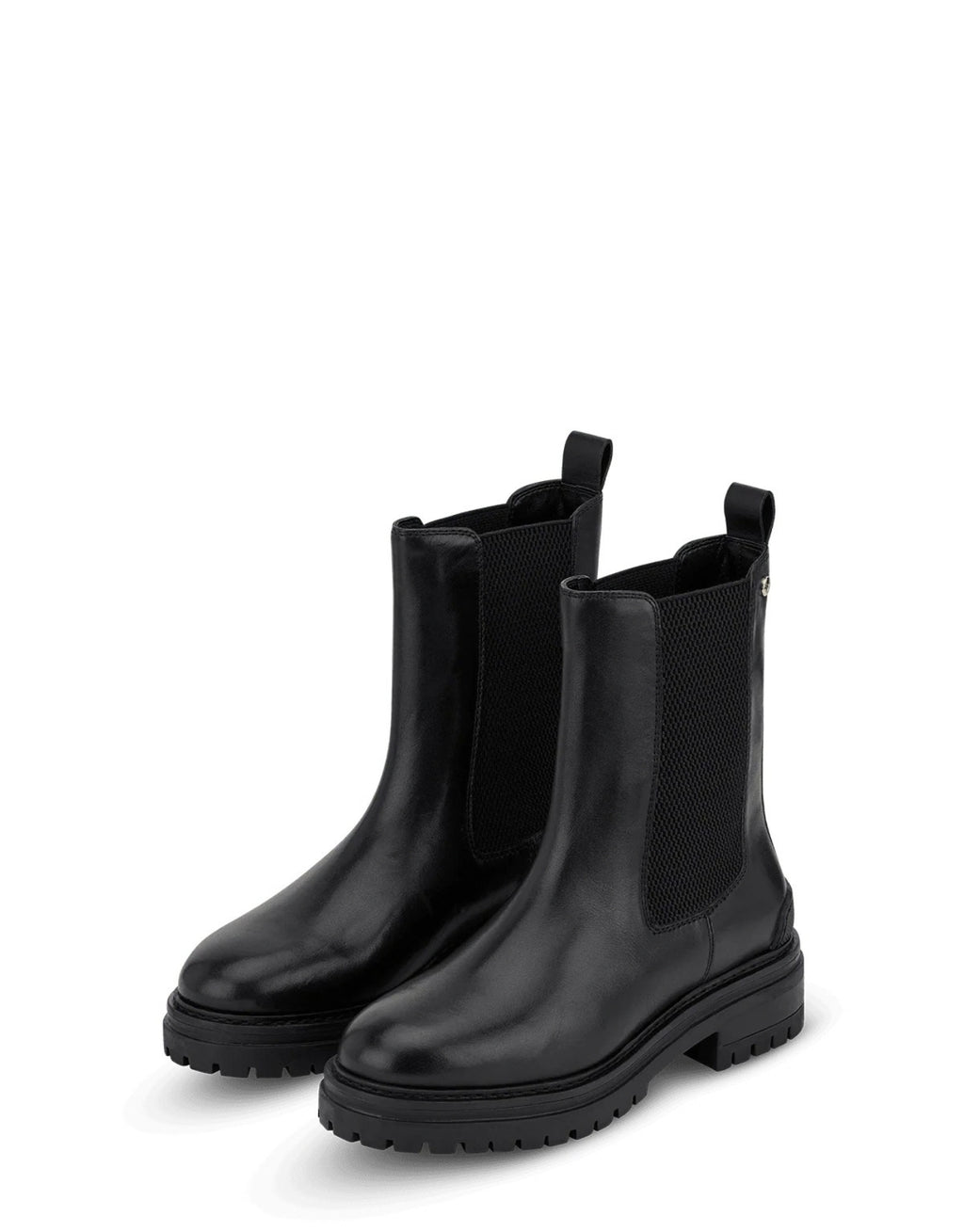 Hey Marly Chelsea Boot City Stroll in Schwarz aus Leder mit elastischem Einsatz, profiliertem Blockabsatz und dezenten goldfarbenen Details als Paar