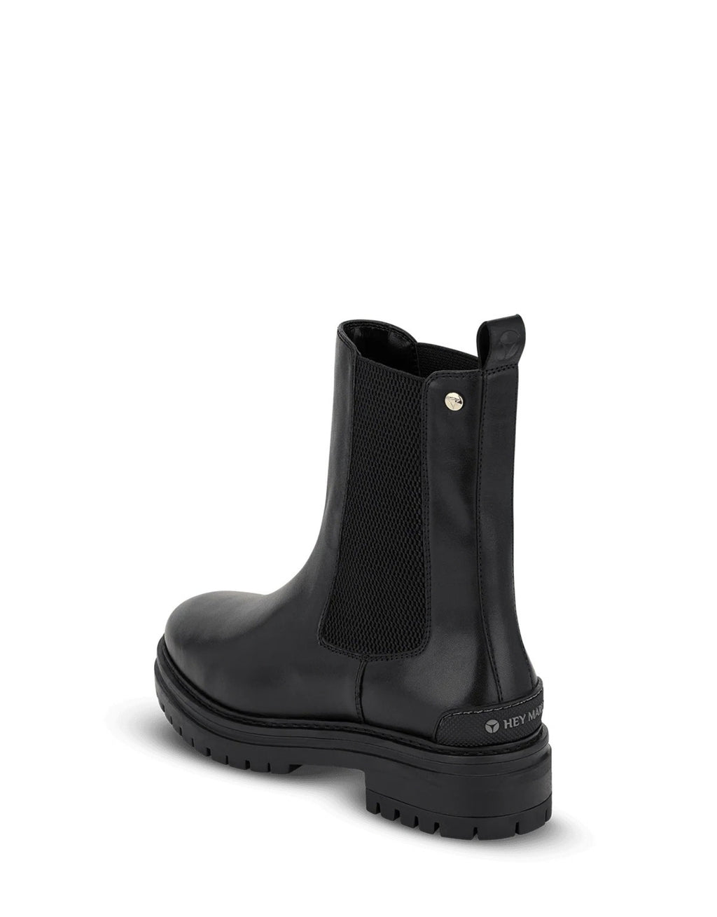 Hey Marly Chelsea Boot City Stroll in Schwarz aus Leder mit elastischem Einsatz, profiliertem Blockabsatz und dezenten goldfarbenen Details von hinten