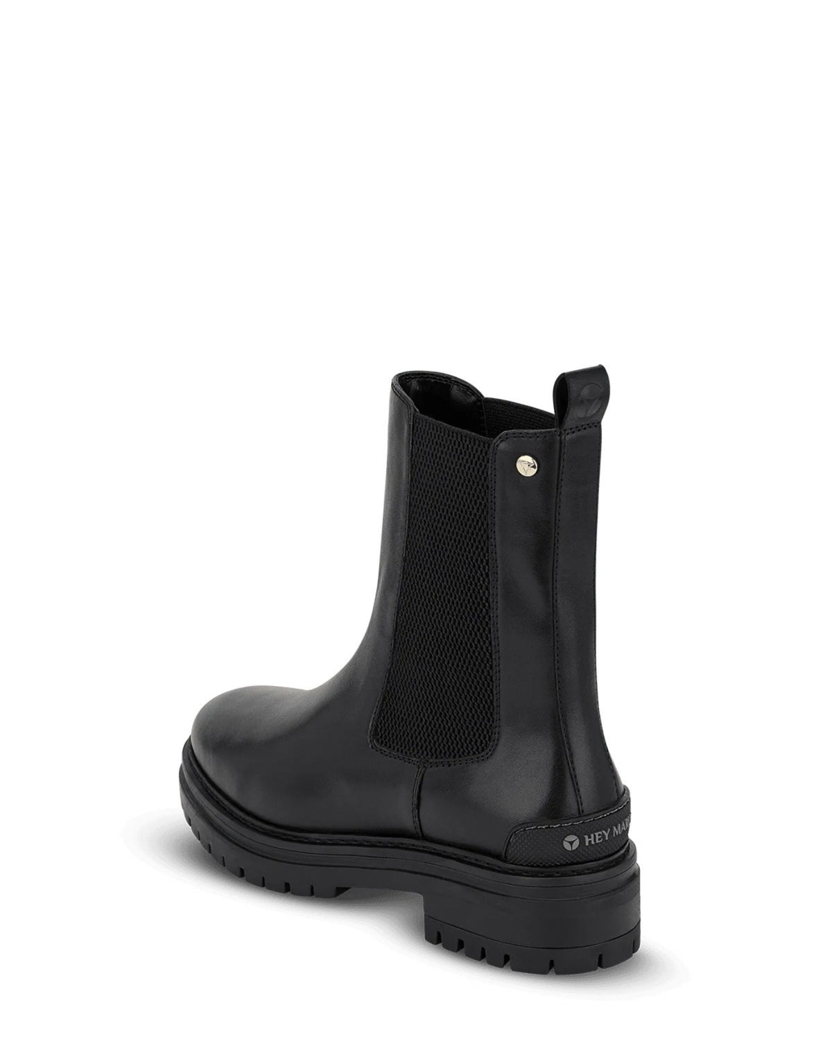 Hey Marly Chelsea Boot City Stroll in Schwarz aus Leder mit elastischem Einsatz, profiliertem Blockabsatz und dezenten goldfarbenen Details von hinten