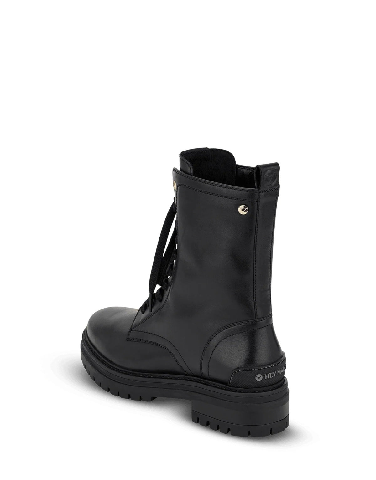 Hey Marly Signature Boot aus Leder mit Schnürung, seitlichem Reißverschluss, niedrigem Blockabsatz und goldfarbenen Details als Freisteller von hinten