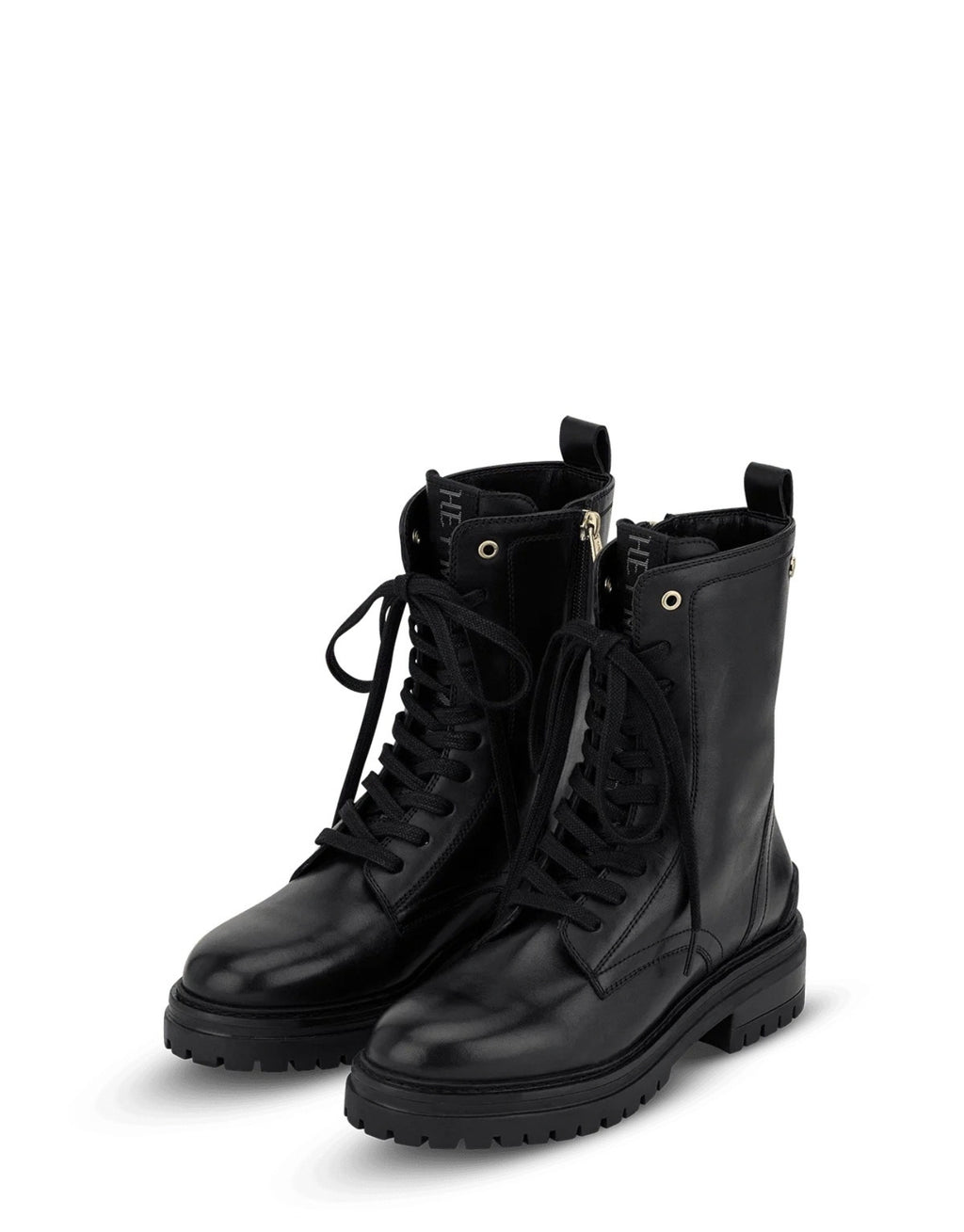 Hey Marly Signature Boot aus Leder mit Schnürung, seitlichem Reißverschluss, niedrigem Blockabsatz und goldfarbenen Details als Freisteller von der Seite