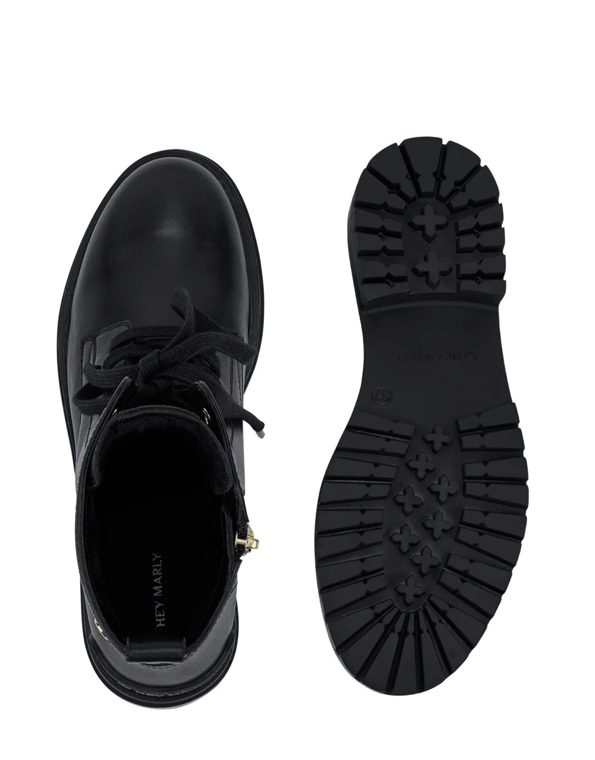 Hey Marly Signature Boot aus Leder mit Schnürung, seitlichem Reißverschluss, niedrigem Blockabsatz und goldfarbenen Details von oben