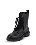 Hey Marly Signature Boot aus Leder mit Schnürung, seitlichem Reißverschluss, niedrigem Blockabsatz und goldfarbenen Details als Freisteller von vorne 