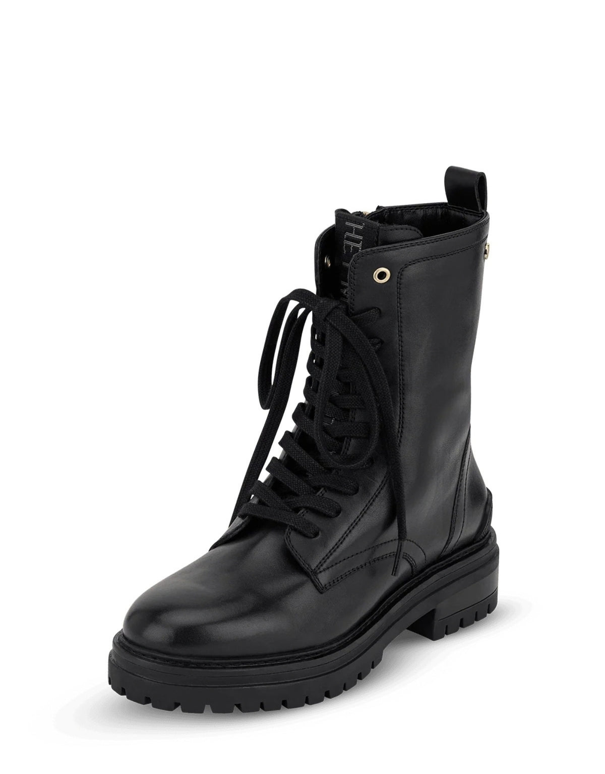 Hey Marly Signature Boot aus Leder mit Schnürung, seitlichem Reißverschluss, niedrigem Blockabsatz und goldfarbenen Details als Freisteller von vorne 