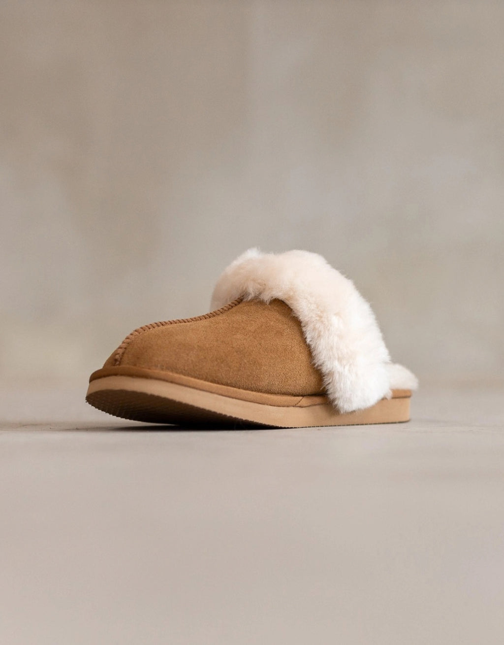 Lumi Slipper aus echtem Wildleder mit weichem Schafwollfutter, sichtbarem Wollkragen und robuster Gummisohle als Freisteller von der Innenseite 