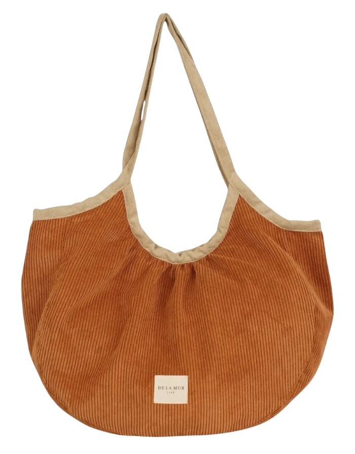 De La Mur Shopper Barro aus cognacfarbenem Cord und beigem Stoff mit Reißverschluss und zwei Henkeln