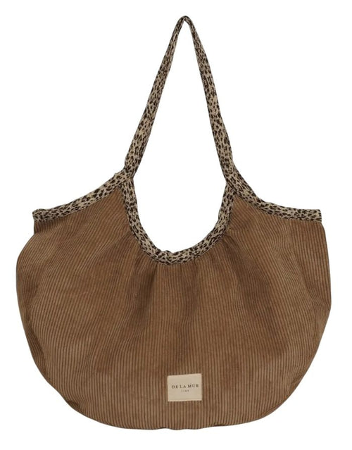 Runder Shopper Toast aus braunem Cordstoff mit Leopardenprint, Reißverschluss und zwei Henkel De la mur line