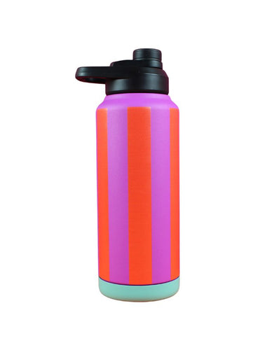 Ava & Yves Trinkflasche Stripes Fuchsia/Feuerrot/Petrol – 1 Liter Edelstahlflasche mit Sportverschluss, vakuumisoliert.